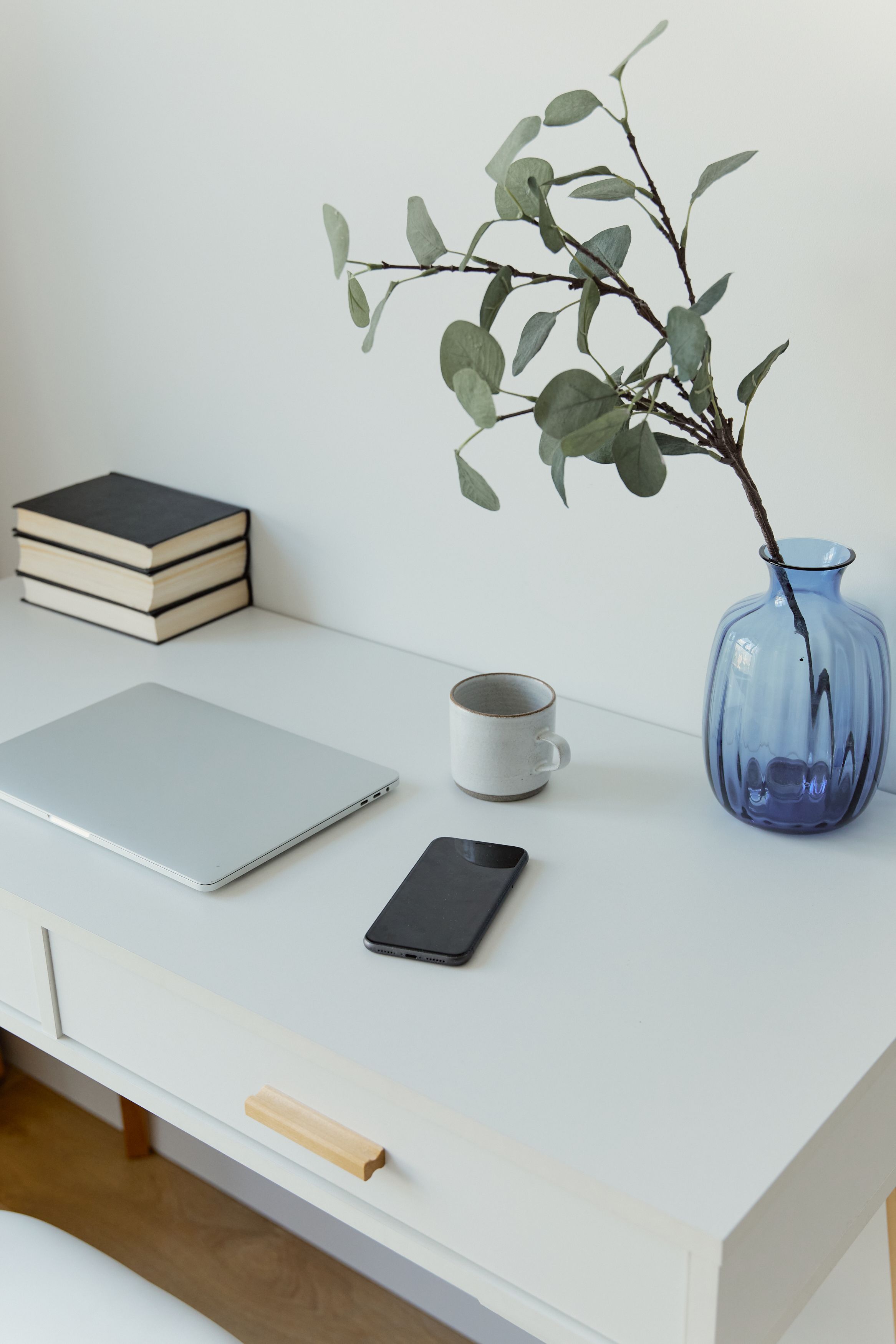 A tidy desk with a laptop, phone and eucalyptus