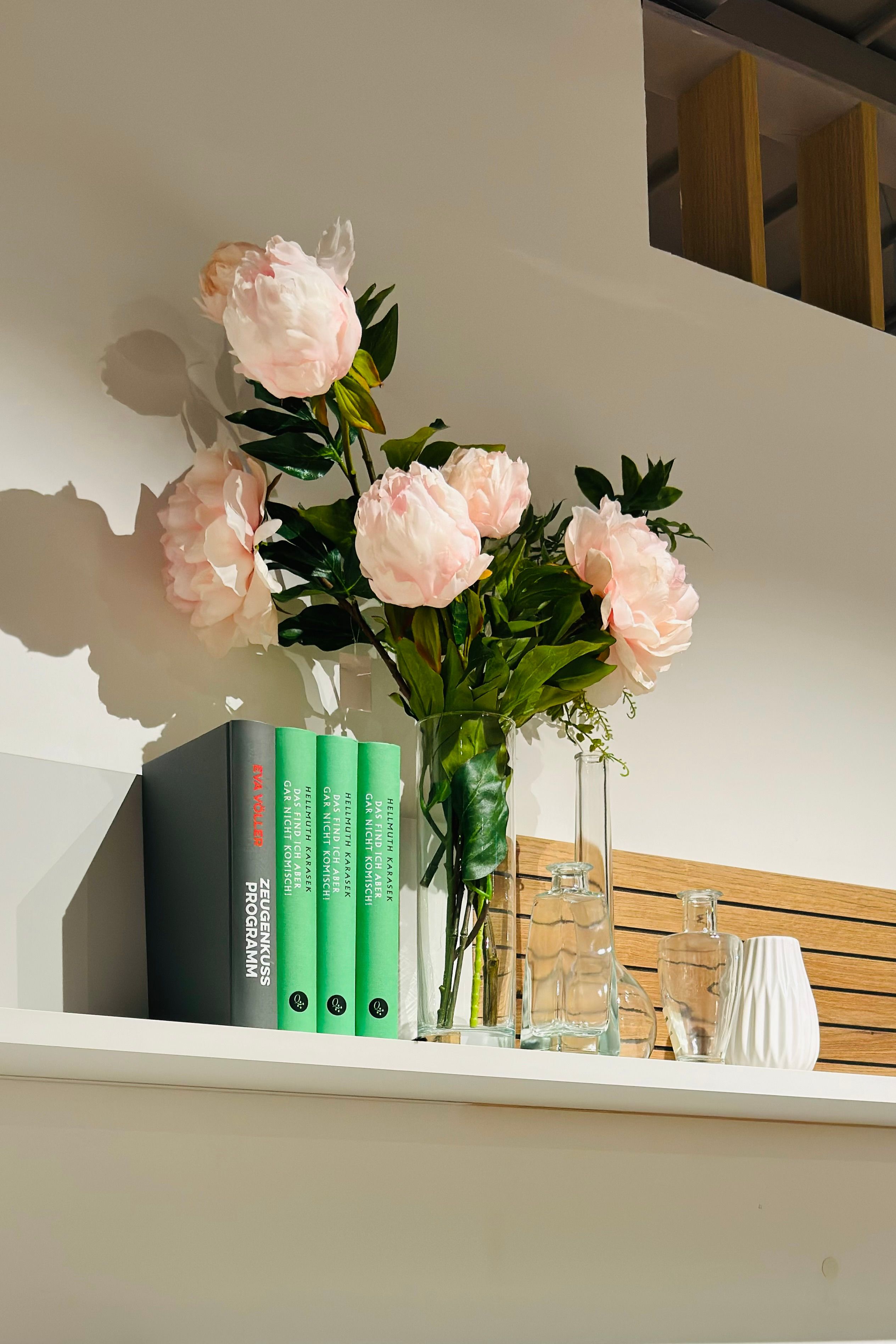 Wall shelves with plants and books above a sofa